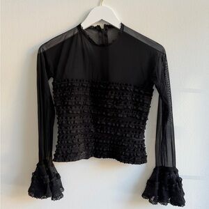 1980’s Vintage Tadashi Long Sleeve Mesh & Lace Top- Black